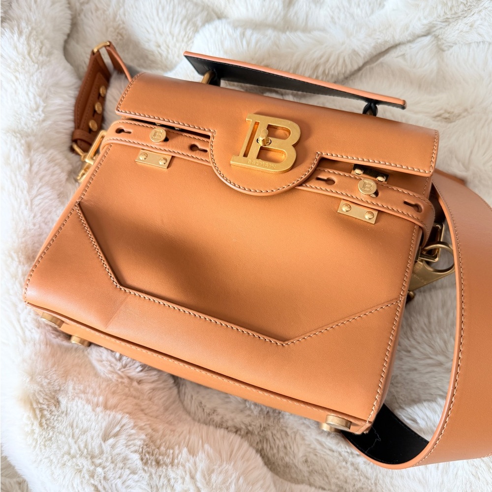 Balmain Tan Leather Shoulder Bag with Gold Accents